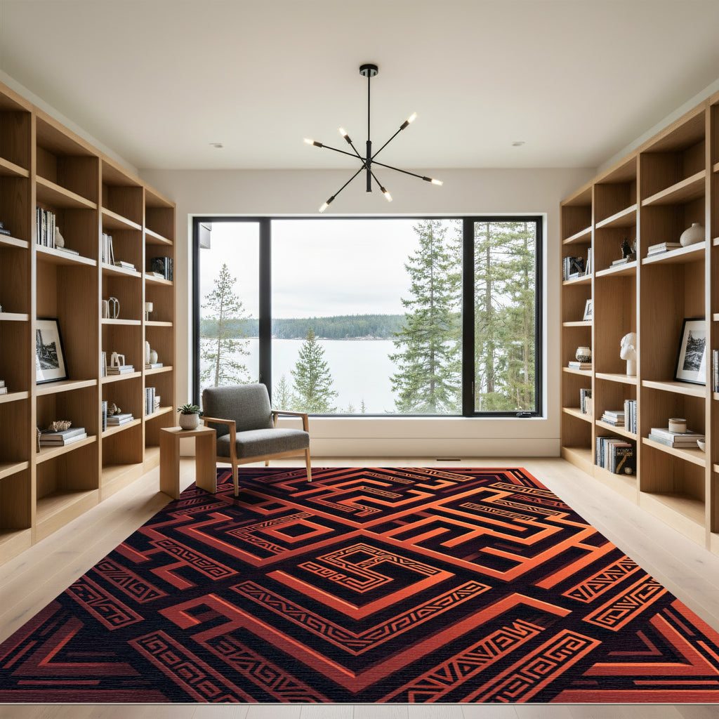 Geometric Burnt Orange Labyrinth Maze Rug