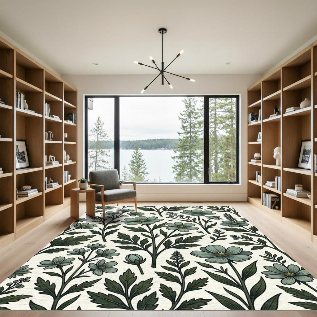 Sage Green Botanical Cosmos Floral Rug