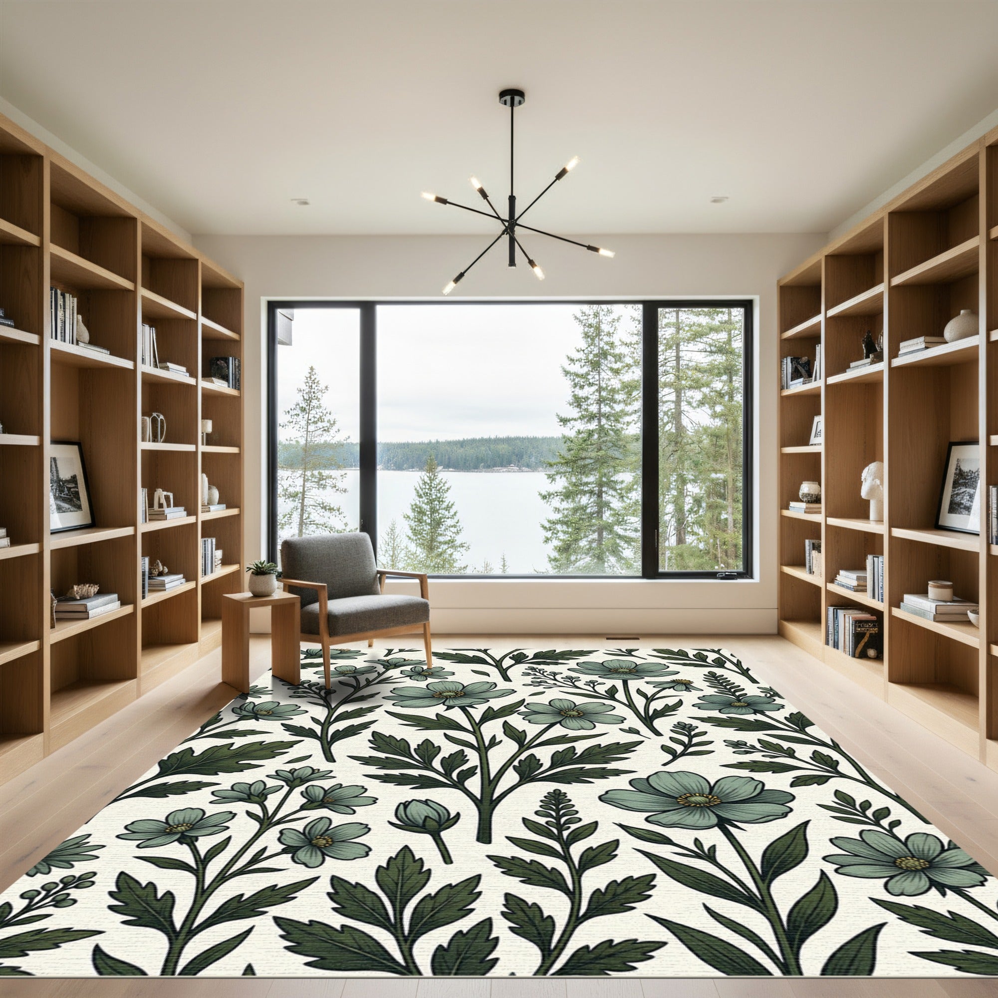 Sage Green Botanical Cosmos Floral Rug