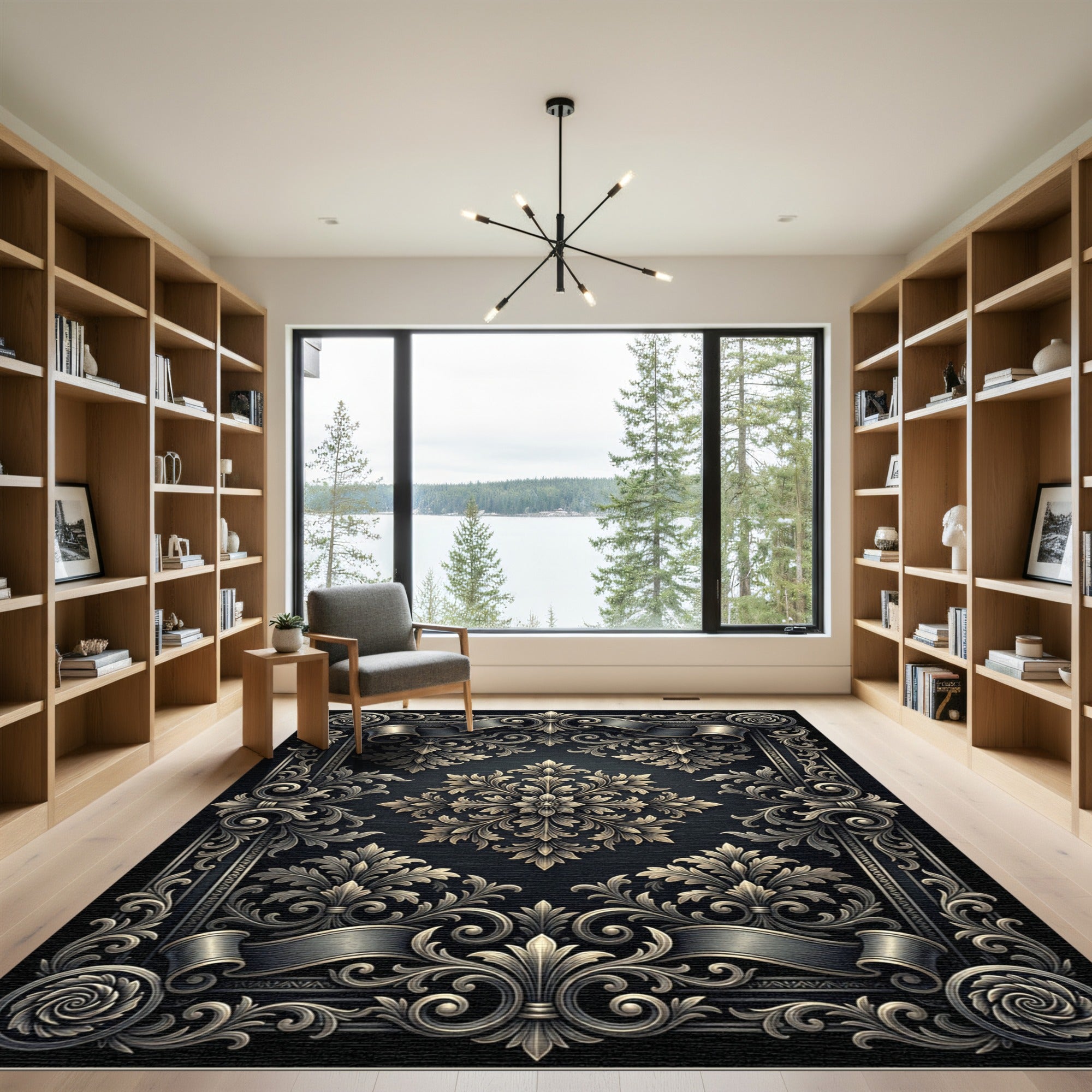Ornate Antique Gold Floral Scroll Rug