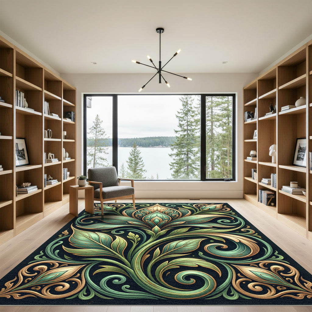 Elegant Sage Gold Flourish Botanical Rug