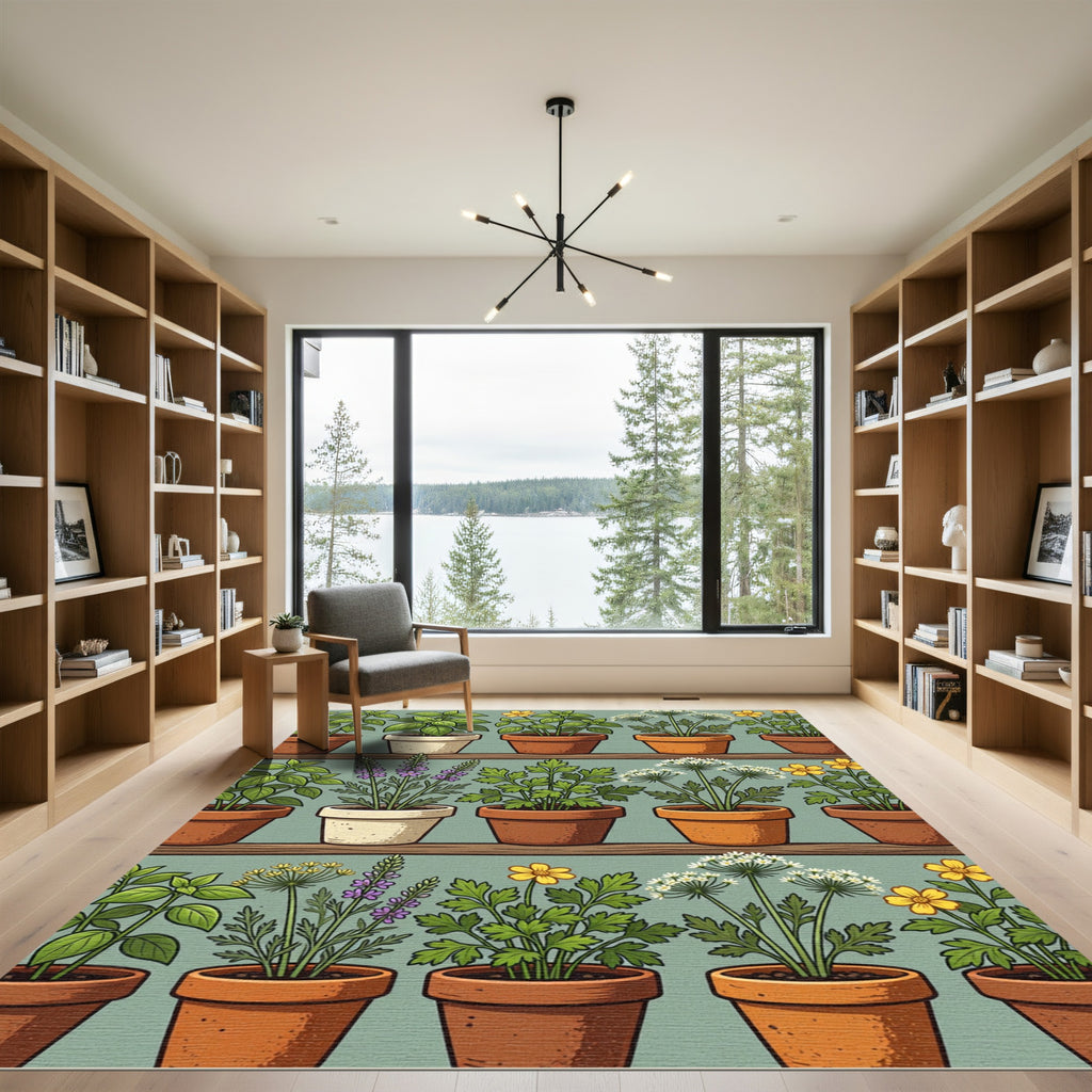 Potted Botanical Herb Garden Illustration Rug