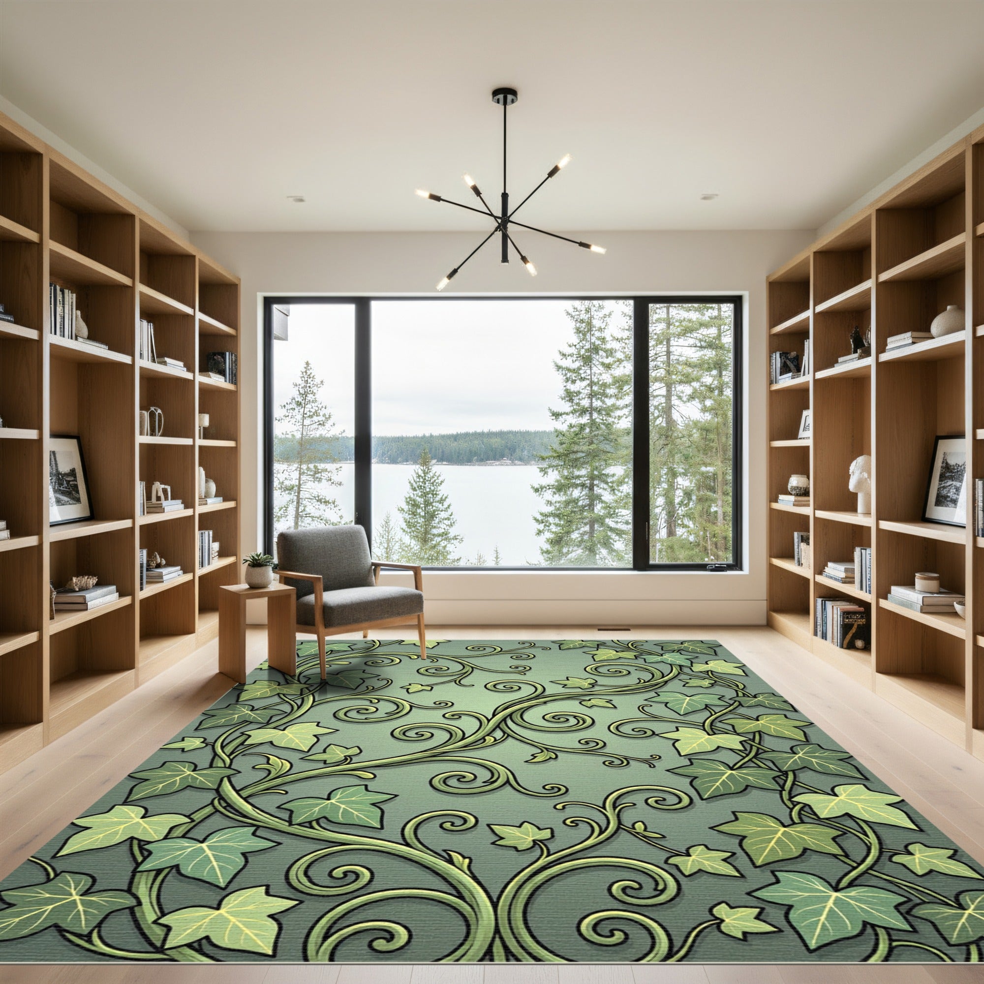 Elegant Sage Green Ivy Leaf Scroll Rug