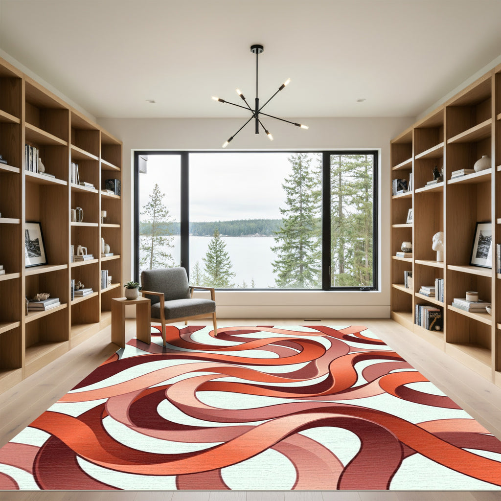 Crimson Ribbon Flow Abstract Rug
