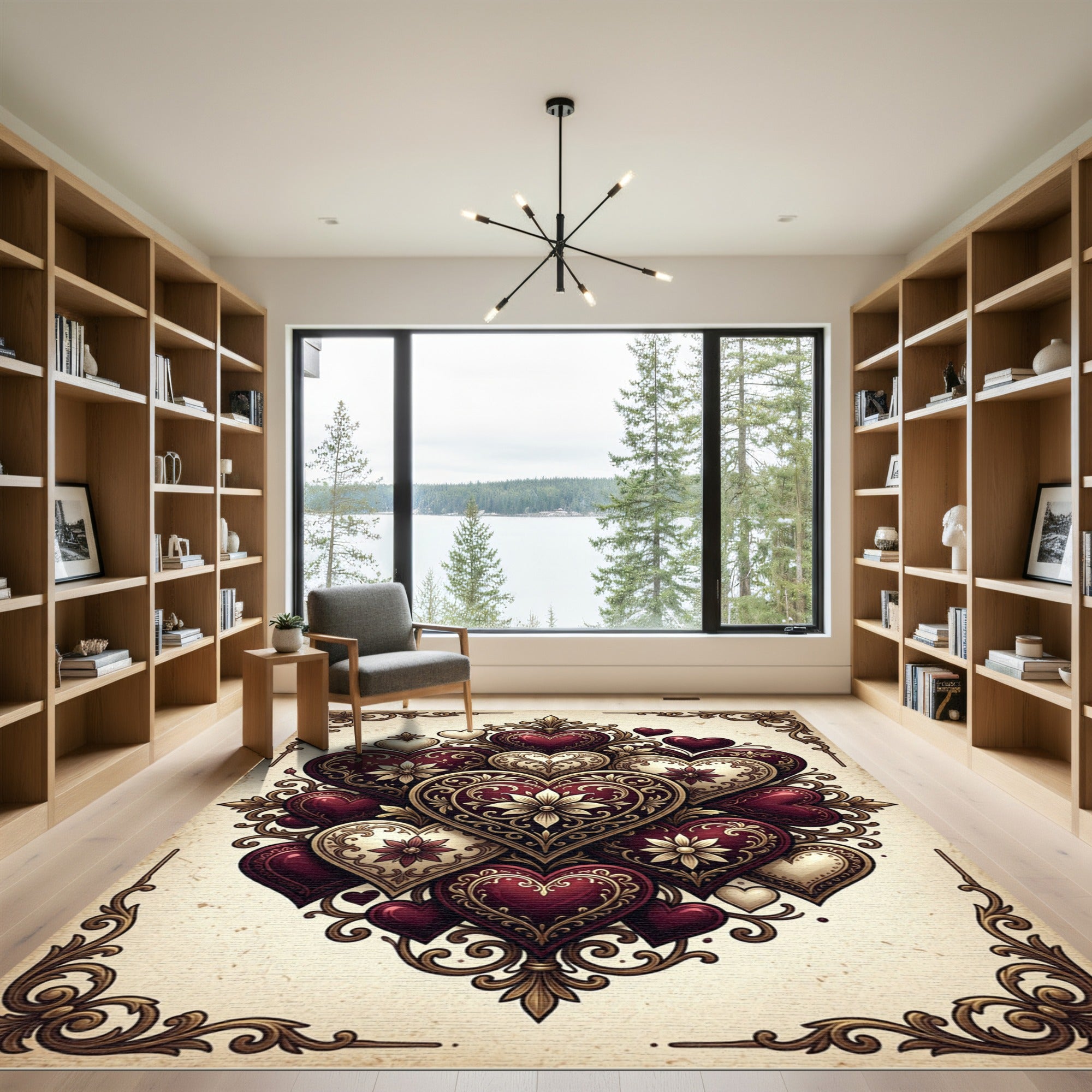 Gilded Rouge Heart Scrollwork Composition Rug