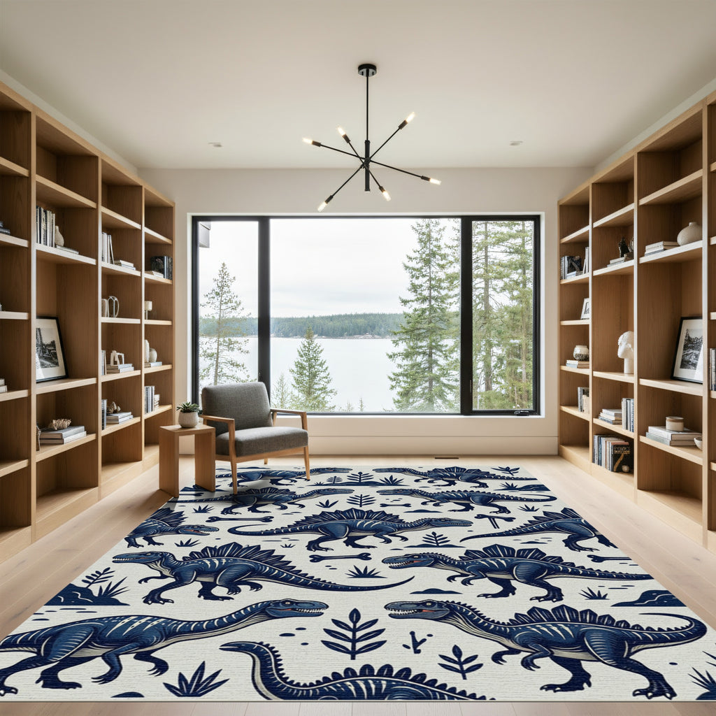 Navy Blue Prehistoric Dinosaur Illustration Rug