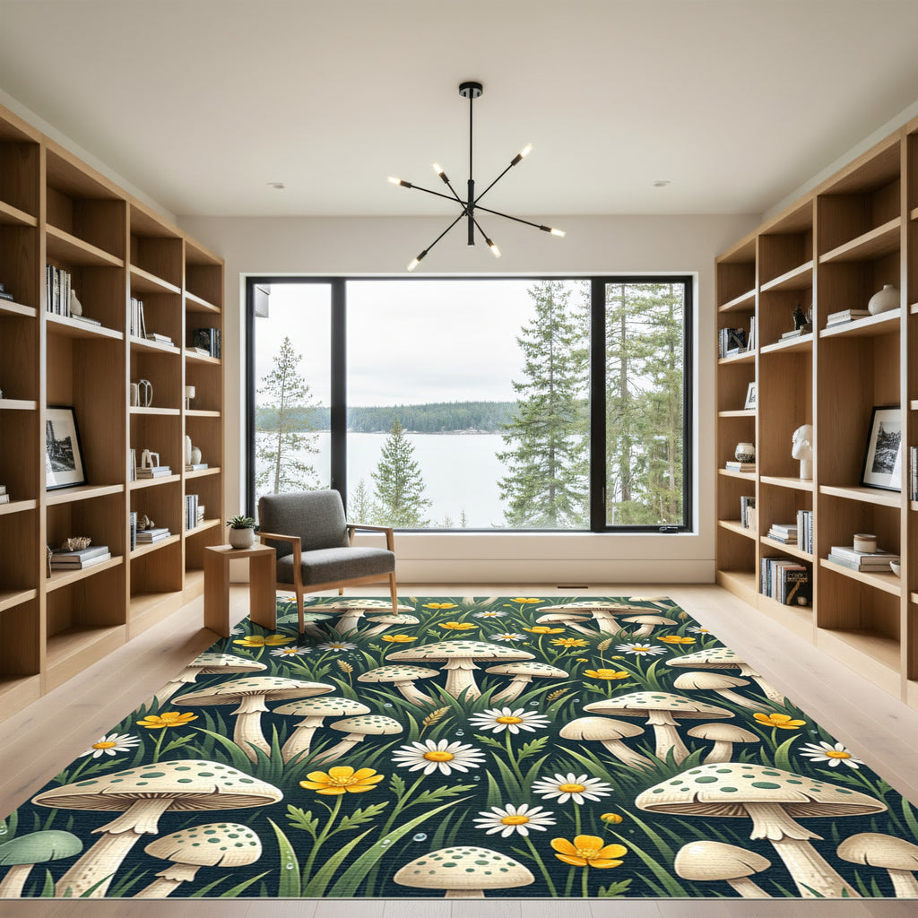 Whimsical Forest Mushroom and Wildflower Meadow Rug