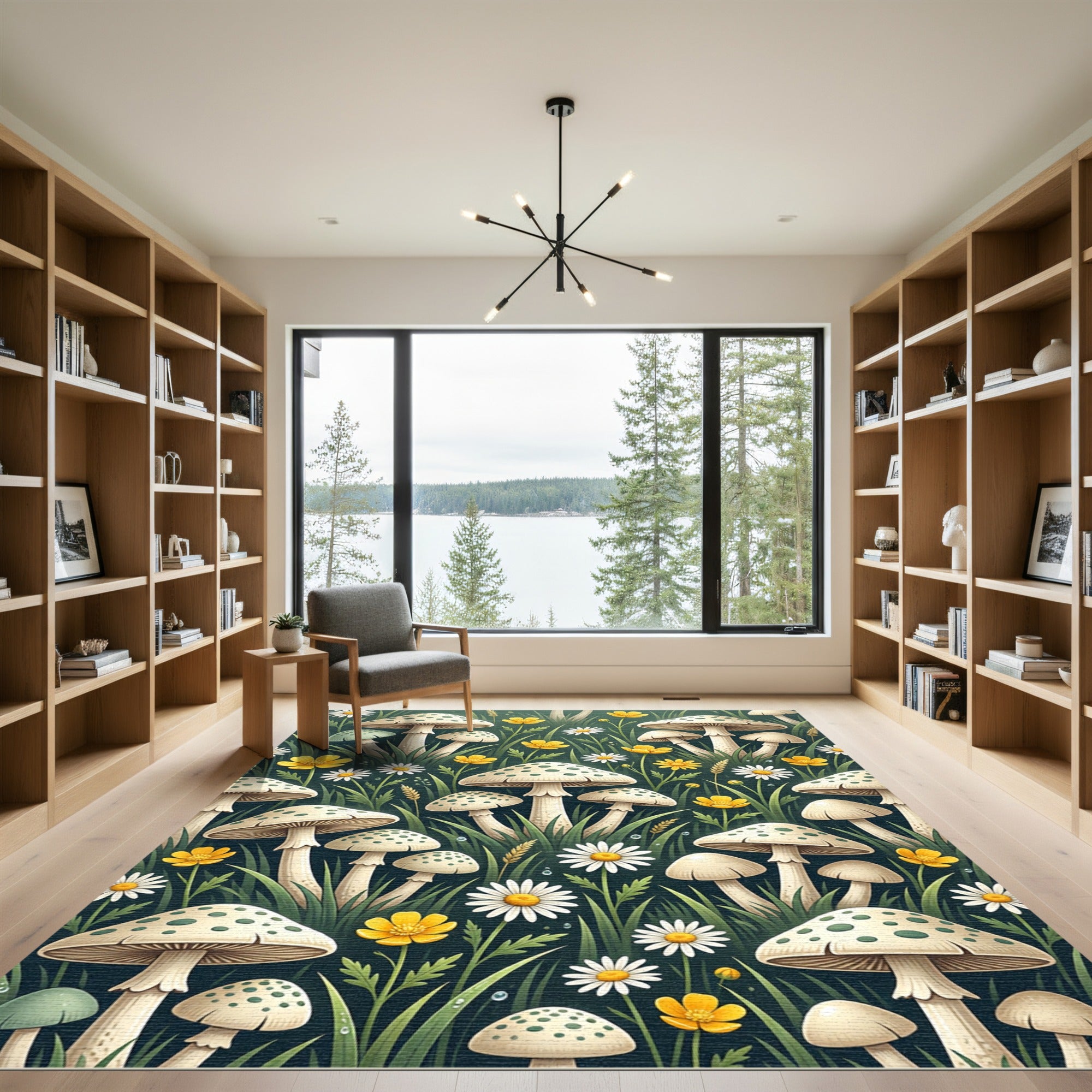 Whimsical Forest Mushroom and Wildflower Meadow Rug