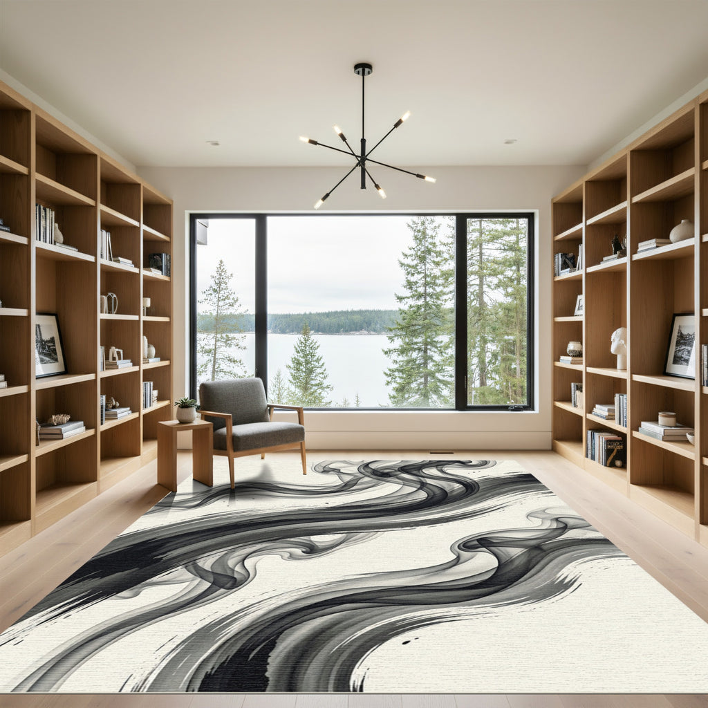 Monochrome Ink Swirl Brushstroke Rug