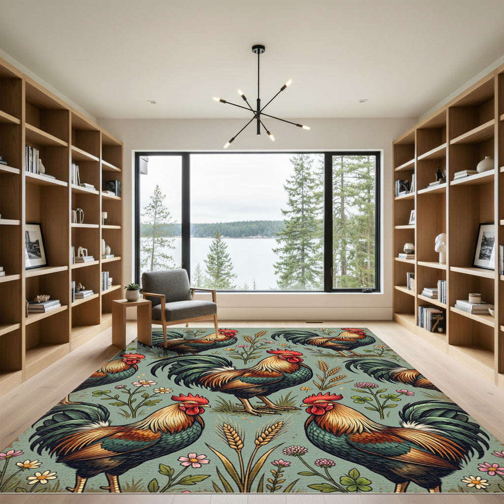 Rustic Farmhouse Rooster and Wheat Earthy Rug