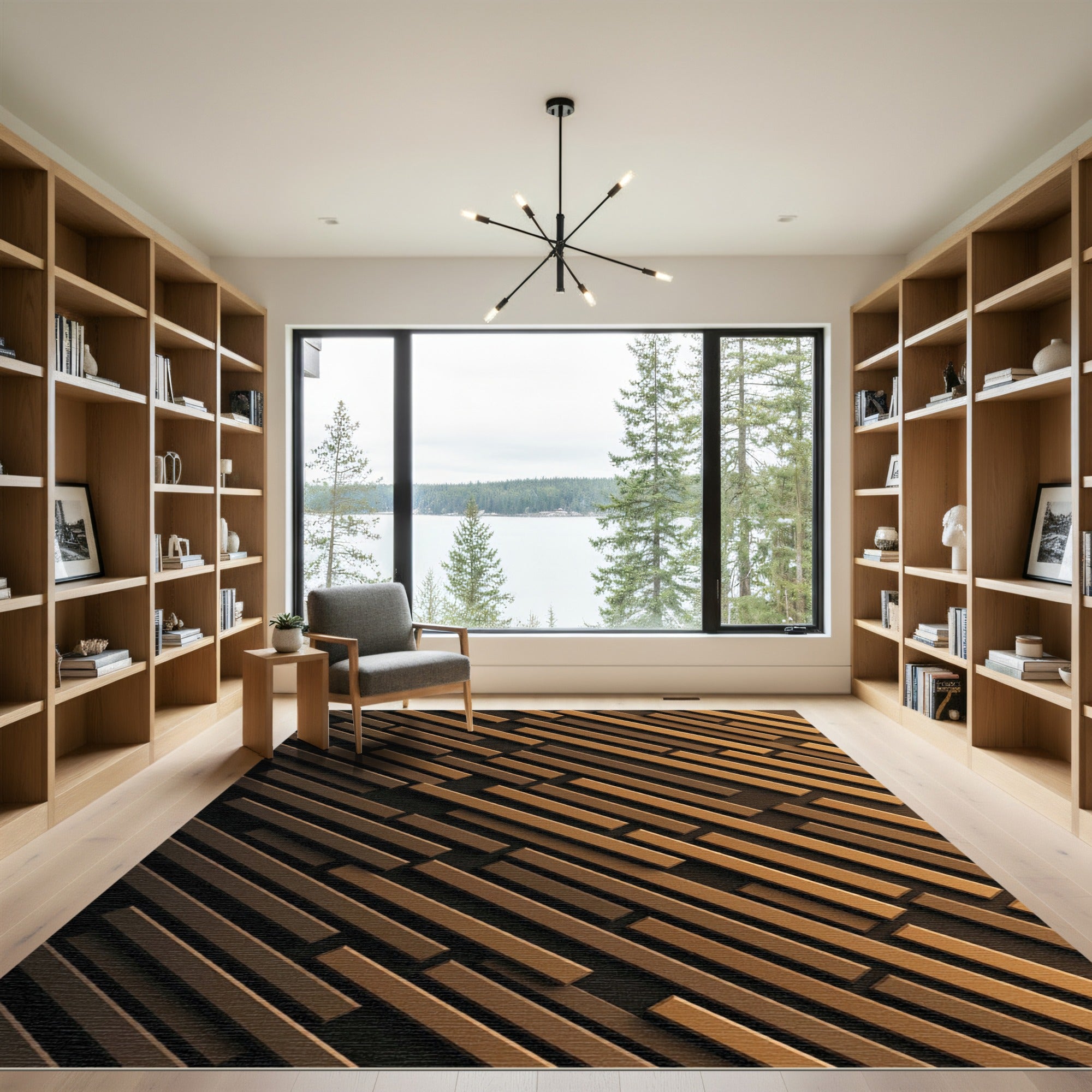 Modern Golden Bronze Diagonal Linear Rug