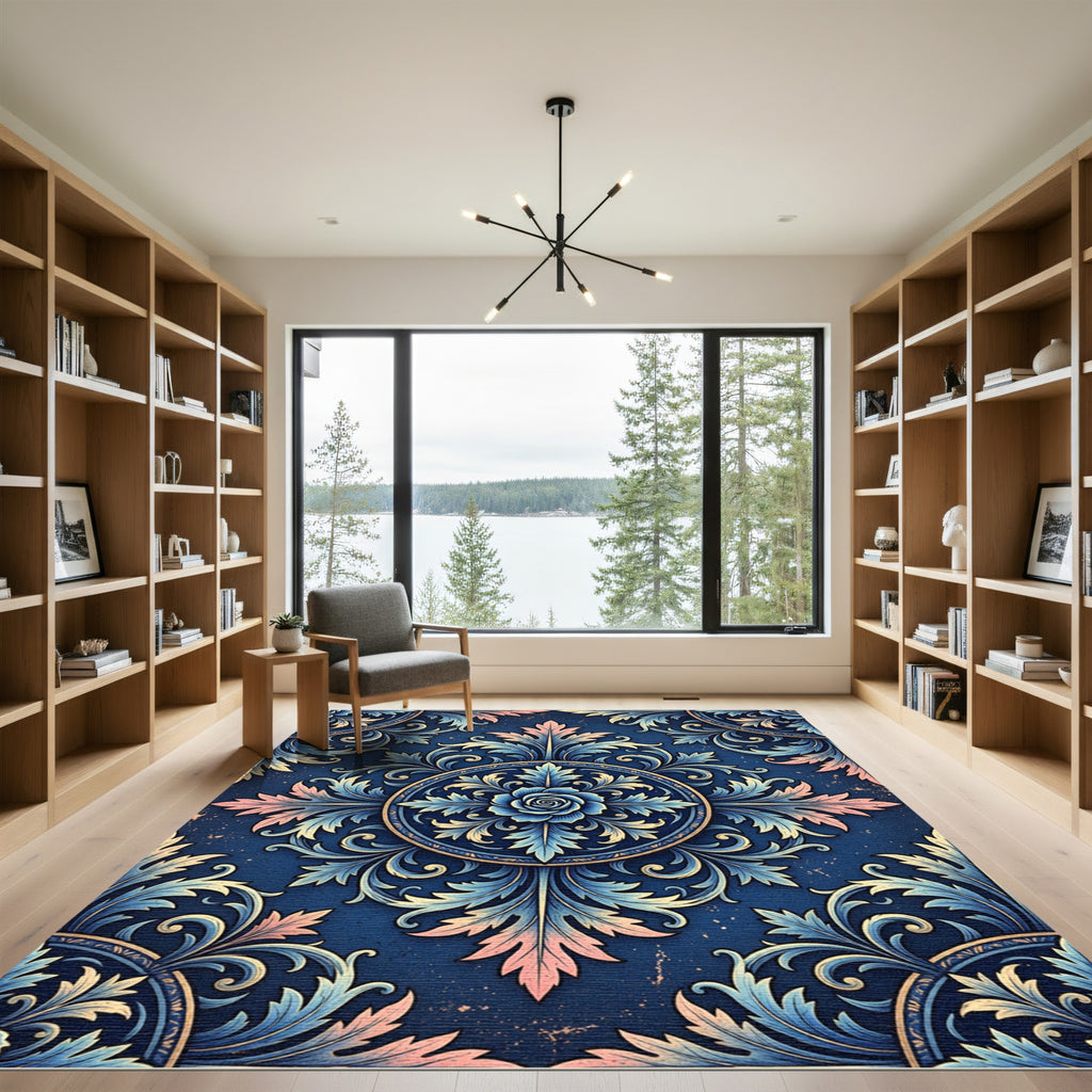 Ethereal Navy Blue Rose Acanthus Medallion Rug