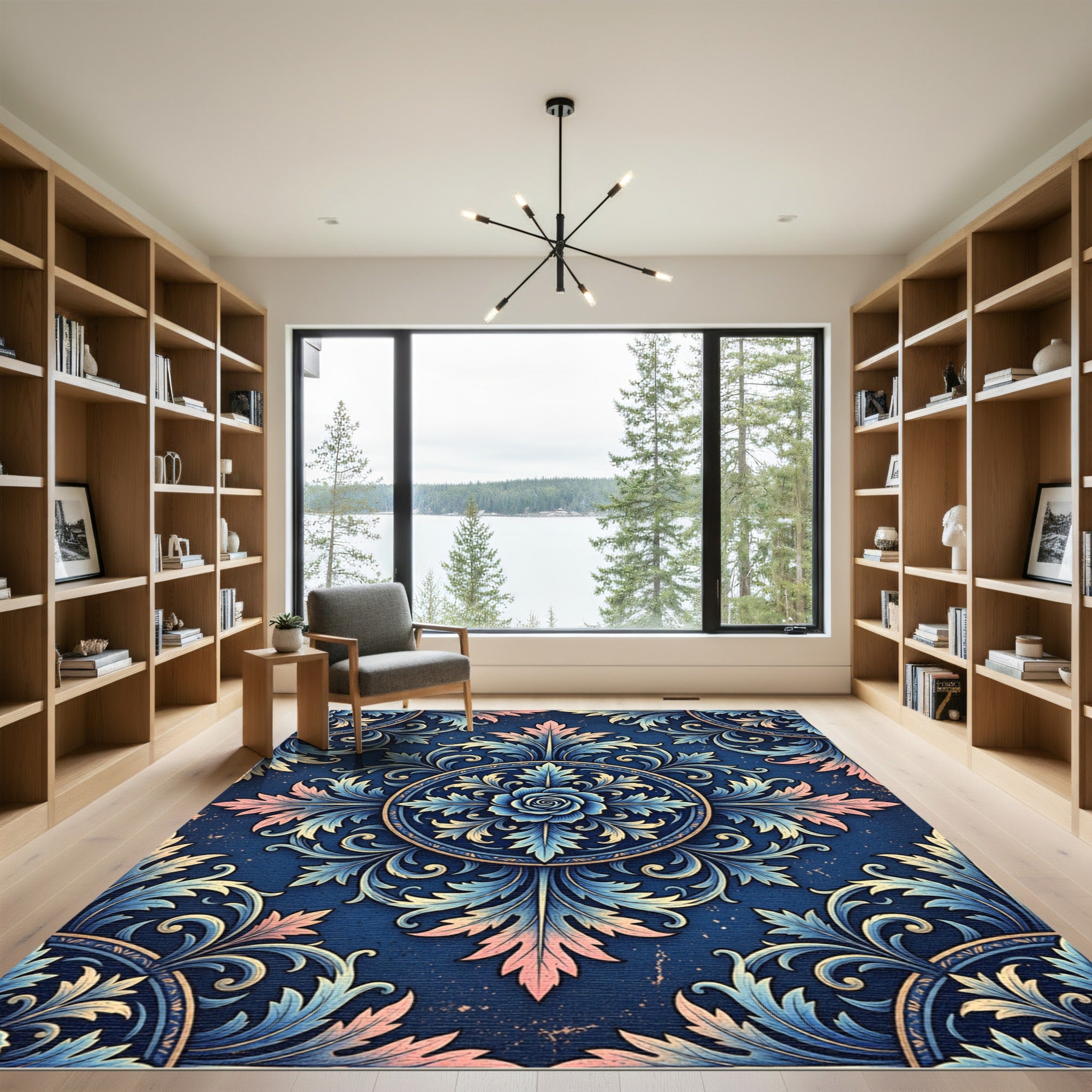 Ethereal Navy Blue Rose Acanthus Medallion Rug