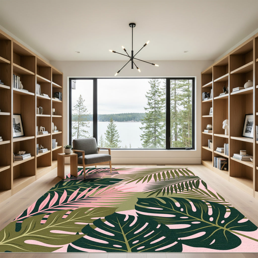 Lush Pink and Olive Tropical Foliage Rug