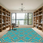 Teal Quatrefoil Lattice Geometric Grid Rug