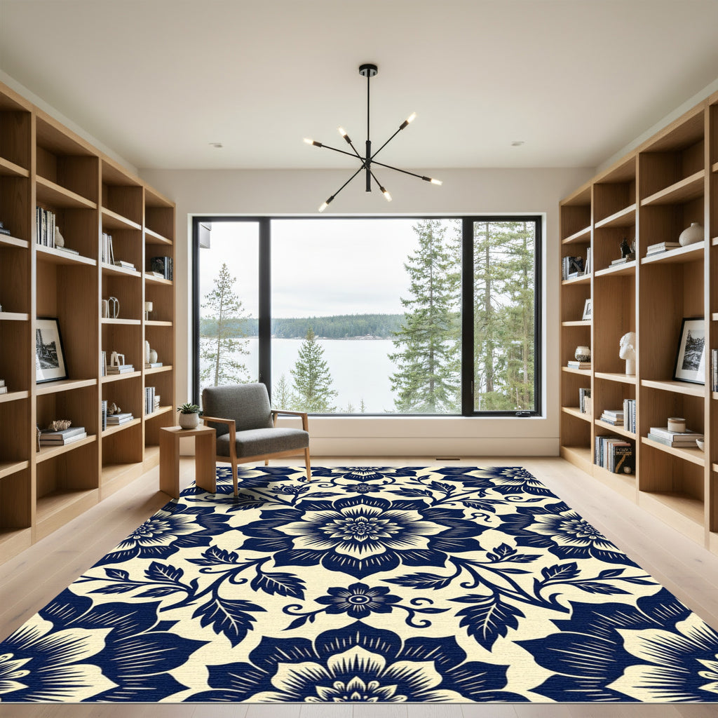 Navy Cream Floral Medallion Composition Rug