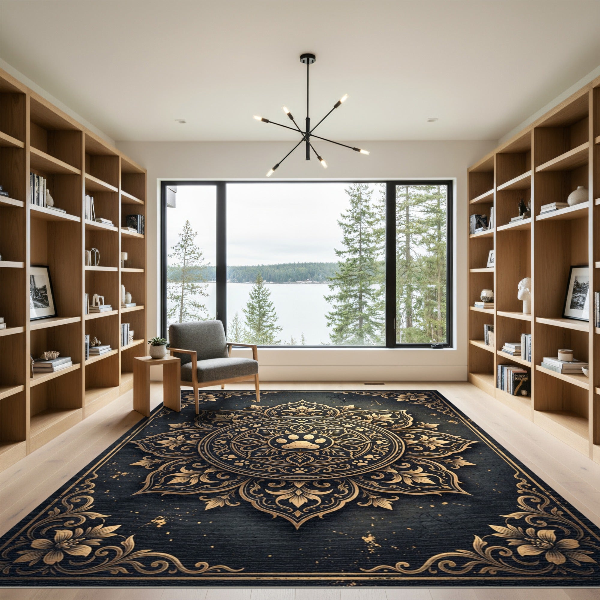 Ornate Gold Paw Mandala Frame Rug