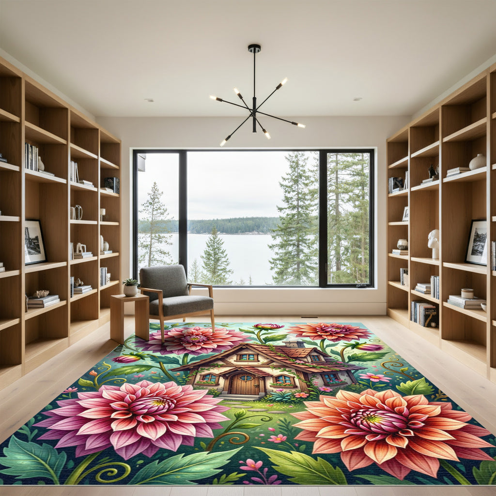 Whimsical Pink Dahlia Cottage Floral Rug