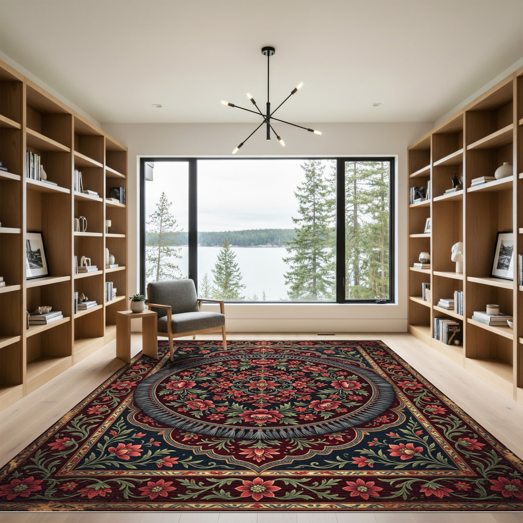 Deep Red Floral Medallion Garden Rug