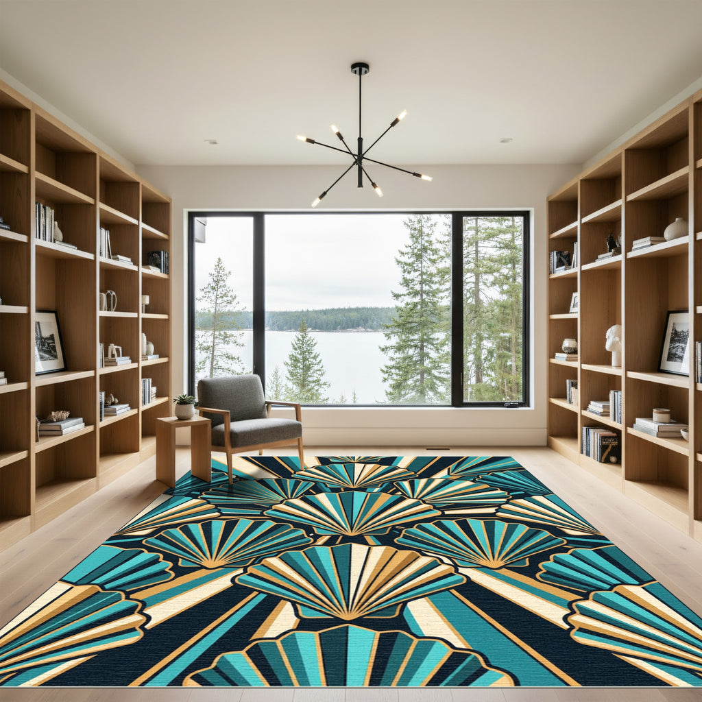 Art Deco Teal Gold Fan Rays Rug