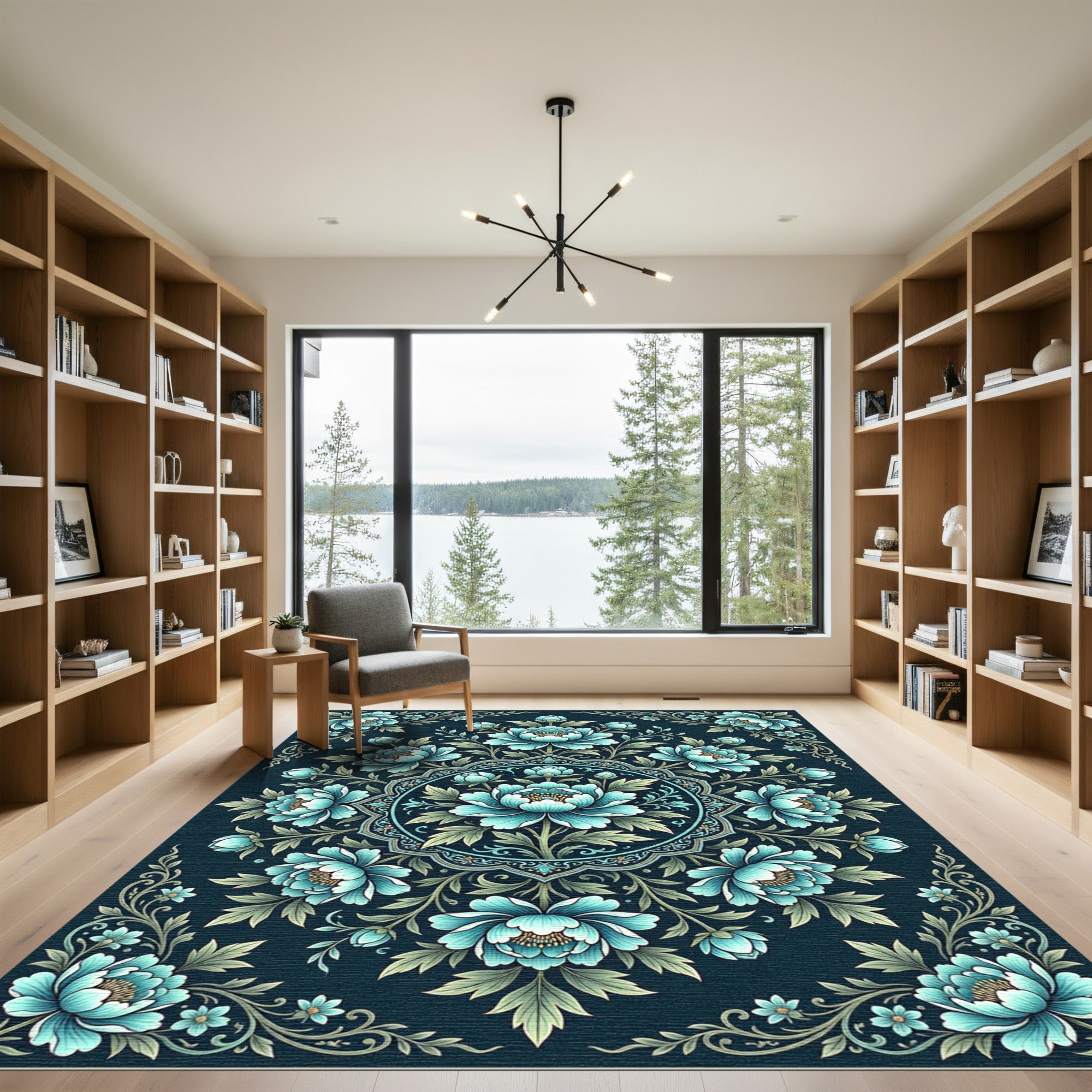 Elegant Teal Floral Medallion Symphony Rug