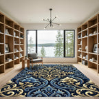 Regal Blue Gold Damask Ornate Rug