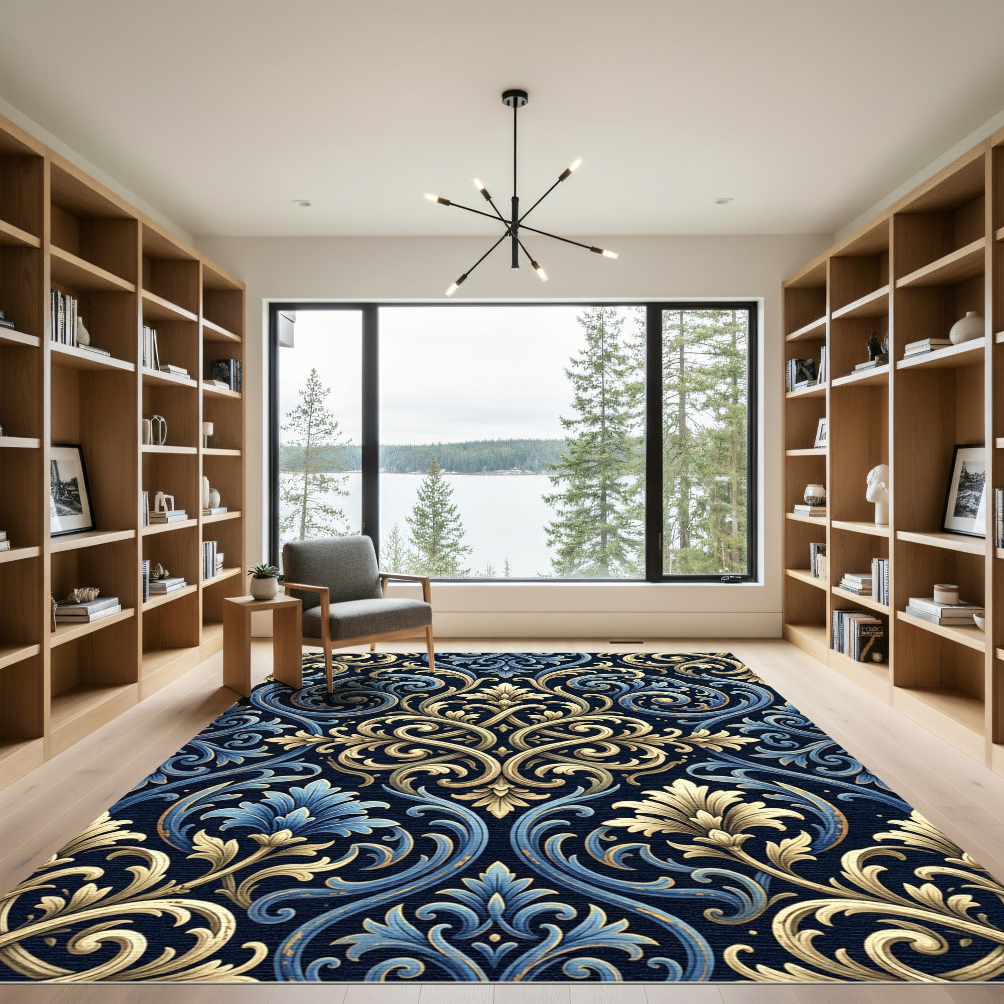 Regal Blue Gold Damask Ornate Rug
