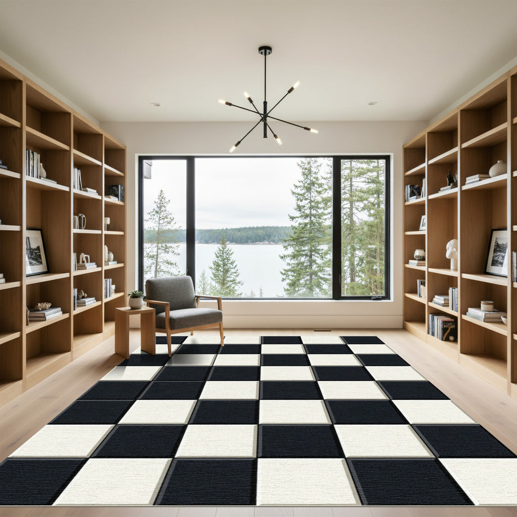 Bold Onyx Ivory Check Squared Floor Rug