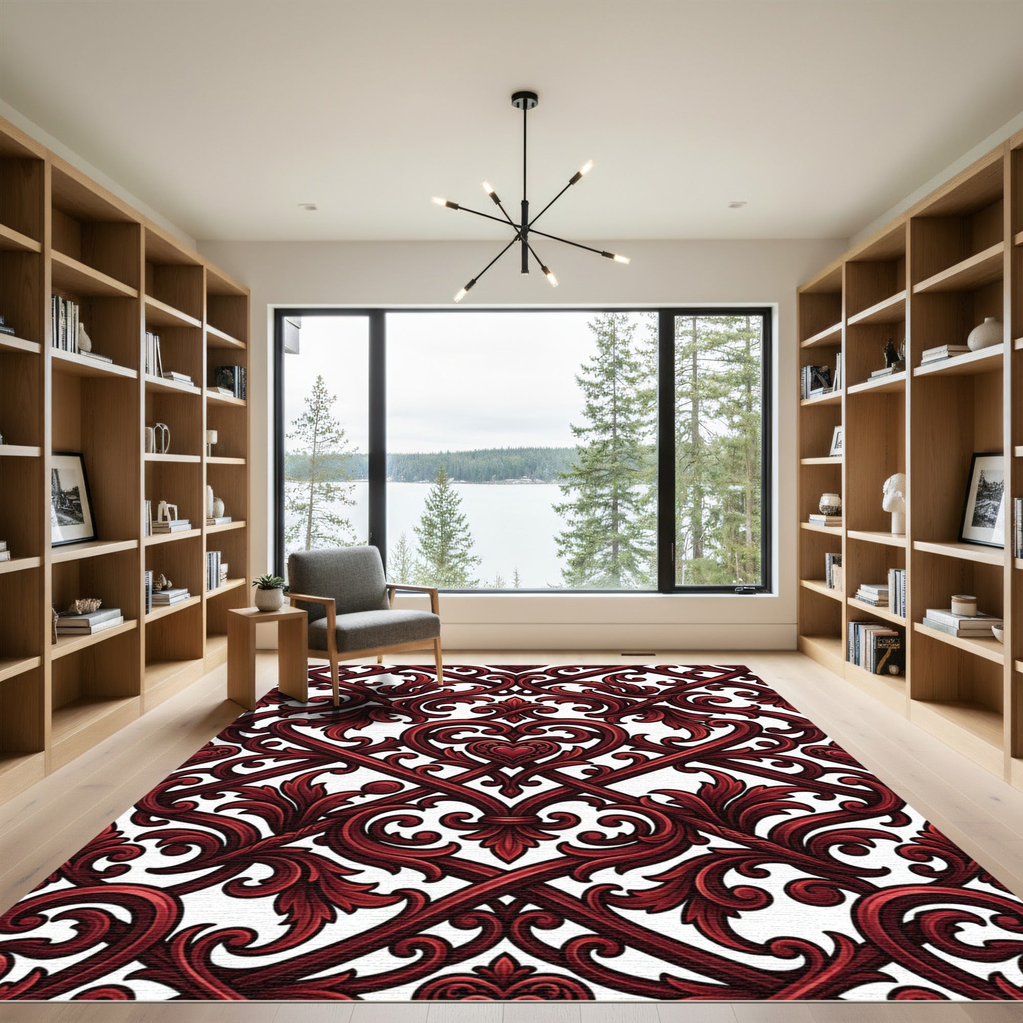 Ornate Crimson Baroque Heart Scroll Rug