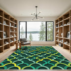 Deep Green Yellow Quatrefoil Layered Rug