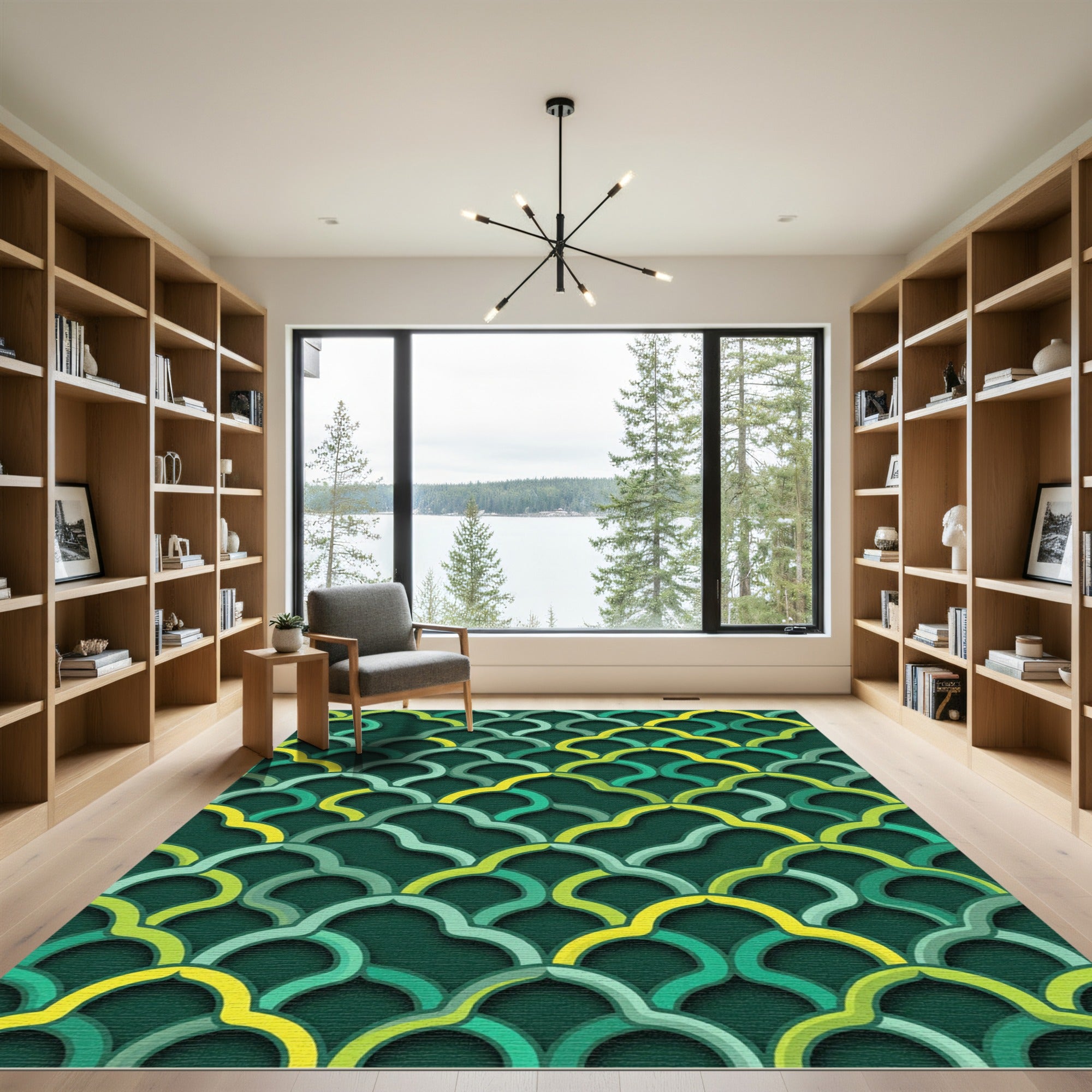 Deep Green Yellow Quatrefoil Layered Rug