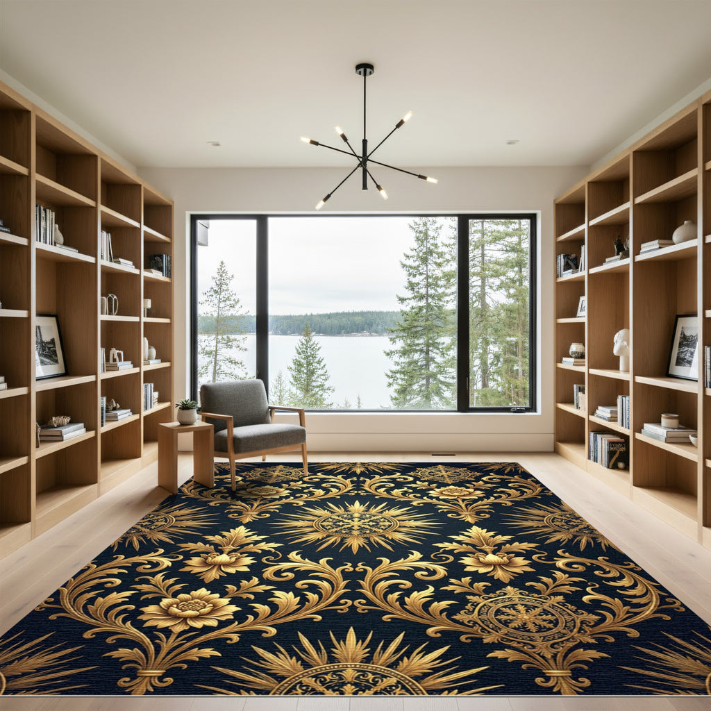 Royal Gold Floral Sunburst Damask Rug