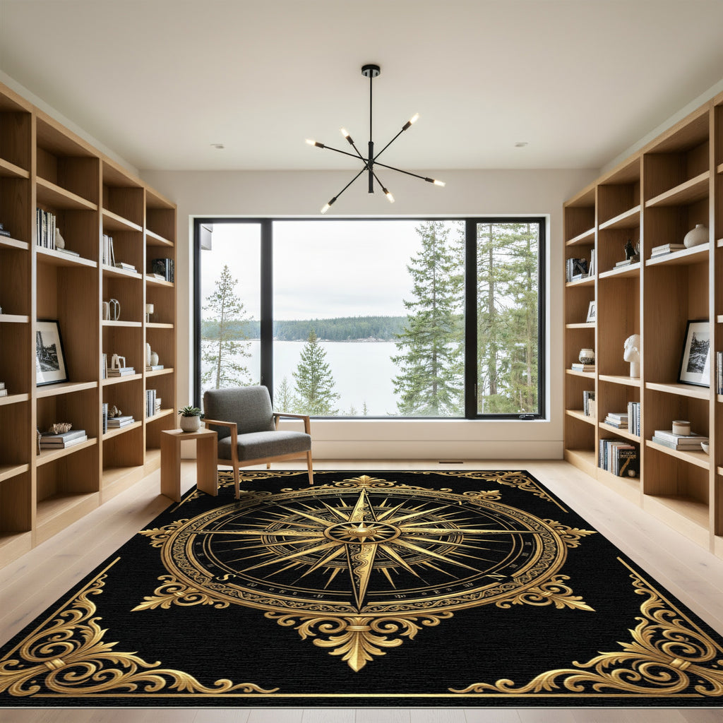 Ornate Golden Compass Medallion Black Rug