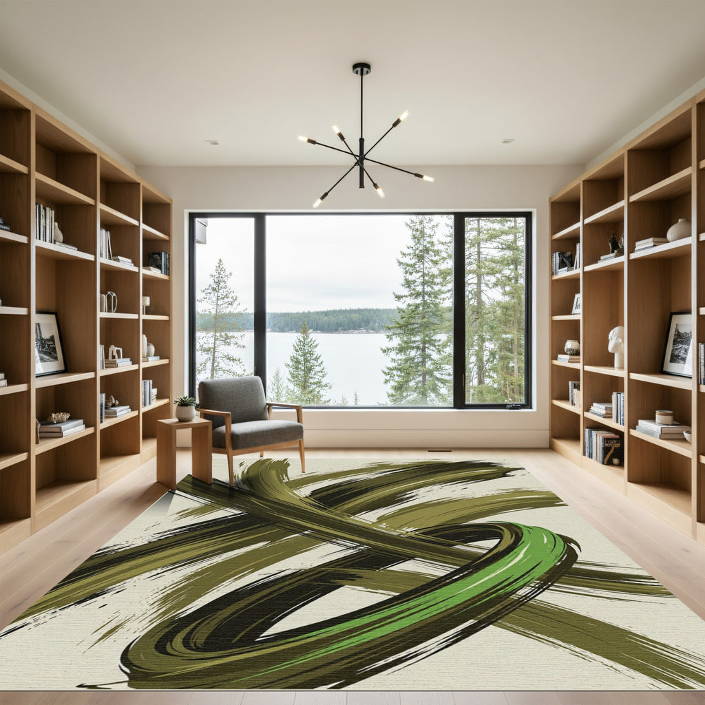 Modern Olive Swirl Abstract Brushstroke Rug
