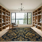 Opulent Gold and Charcoal Damask Scroll Rug
