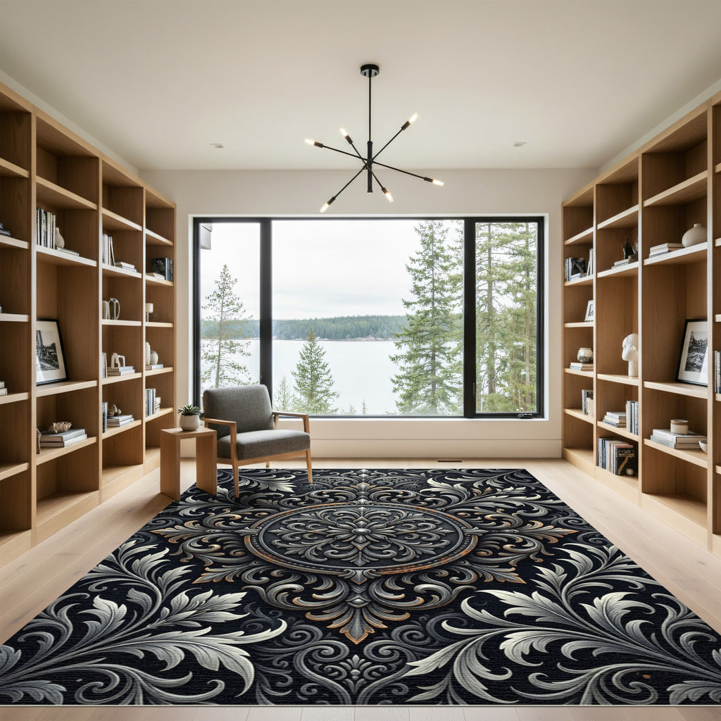 Ornate Silver Charcoal Floral Medallion Rug