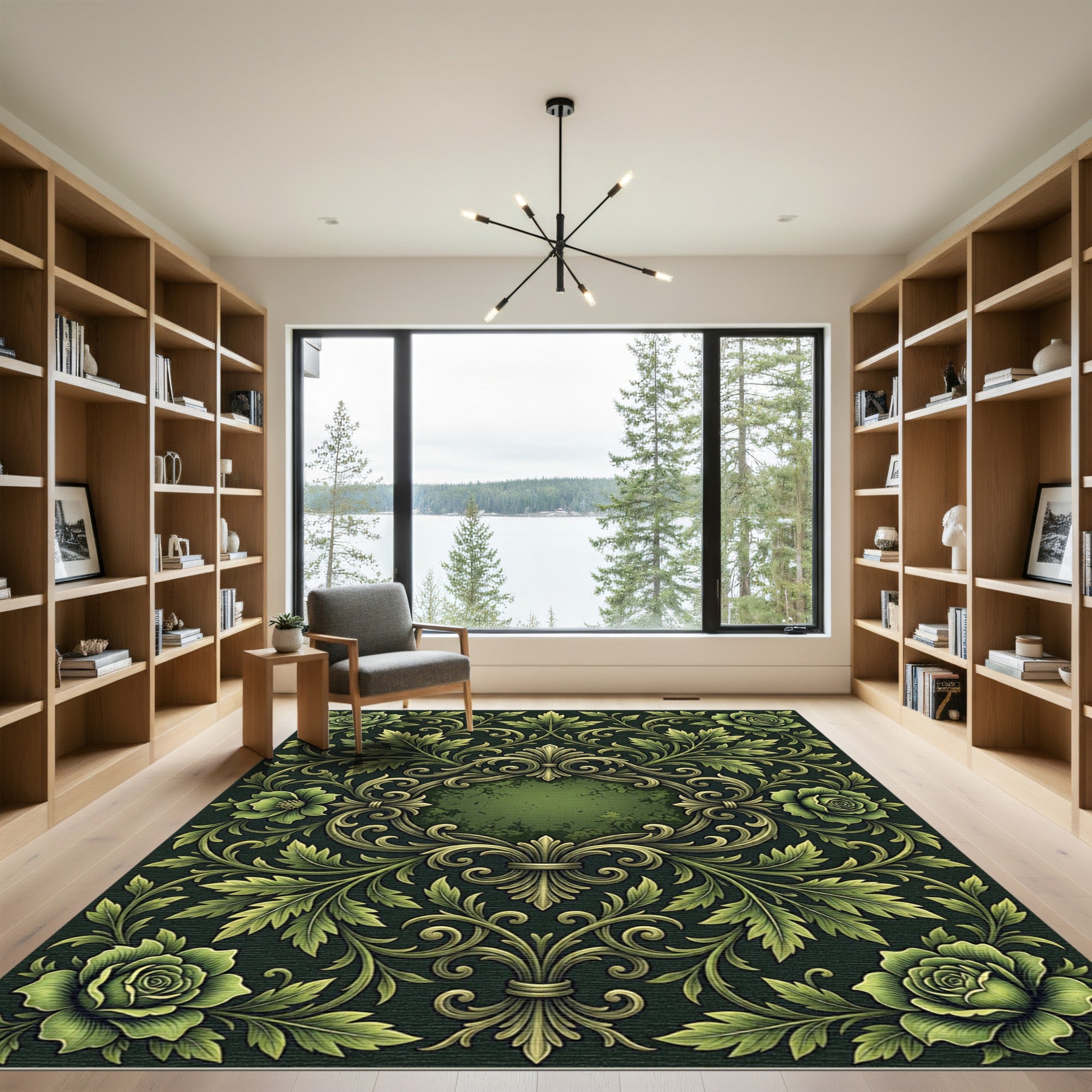 Ornate Sage Green Floral Scrollwork Rug