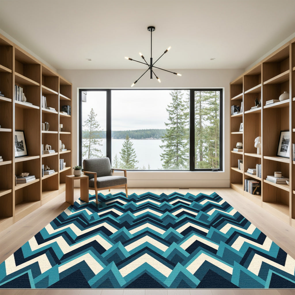 Geometric Teal Mountain Chevron Rug