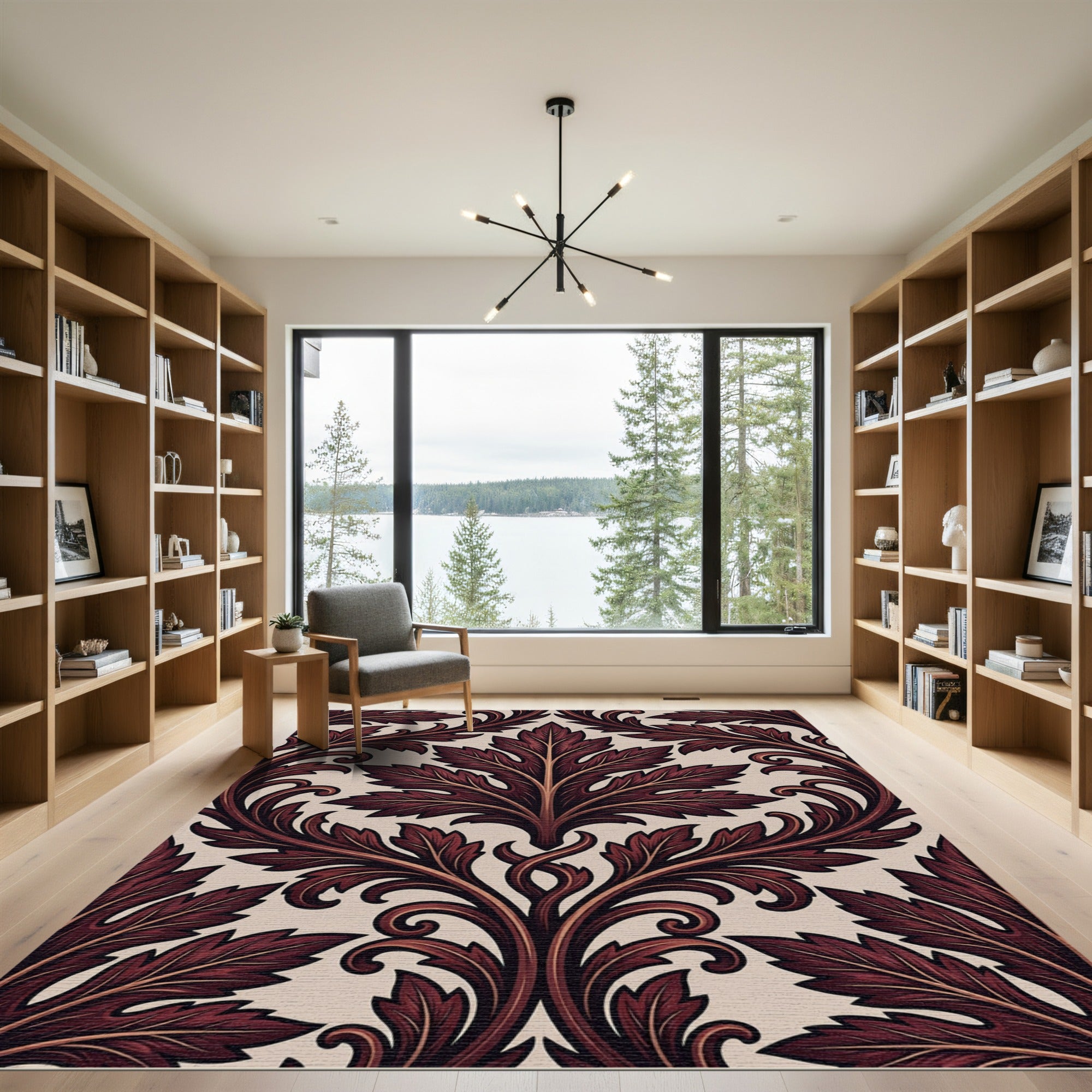 Deep Crimson Acanthus Leaf Scrollwork Rug