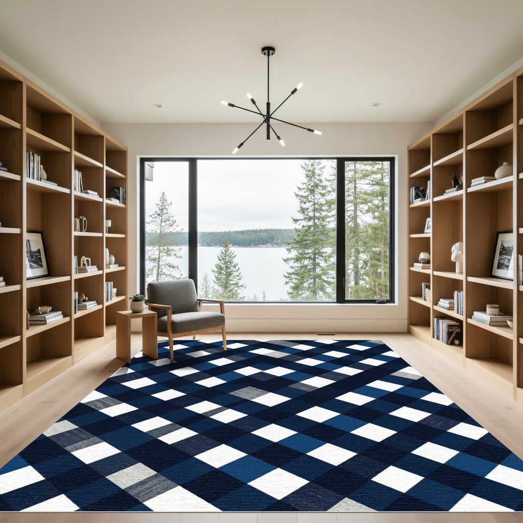 Navy Blue White Diamond Check Rug