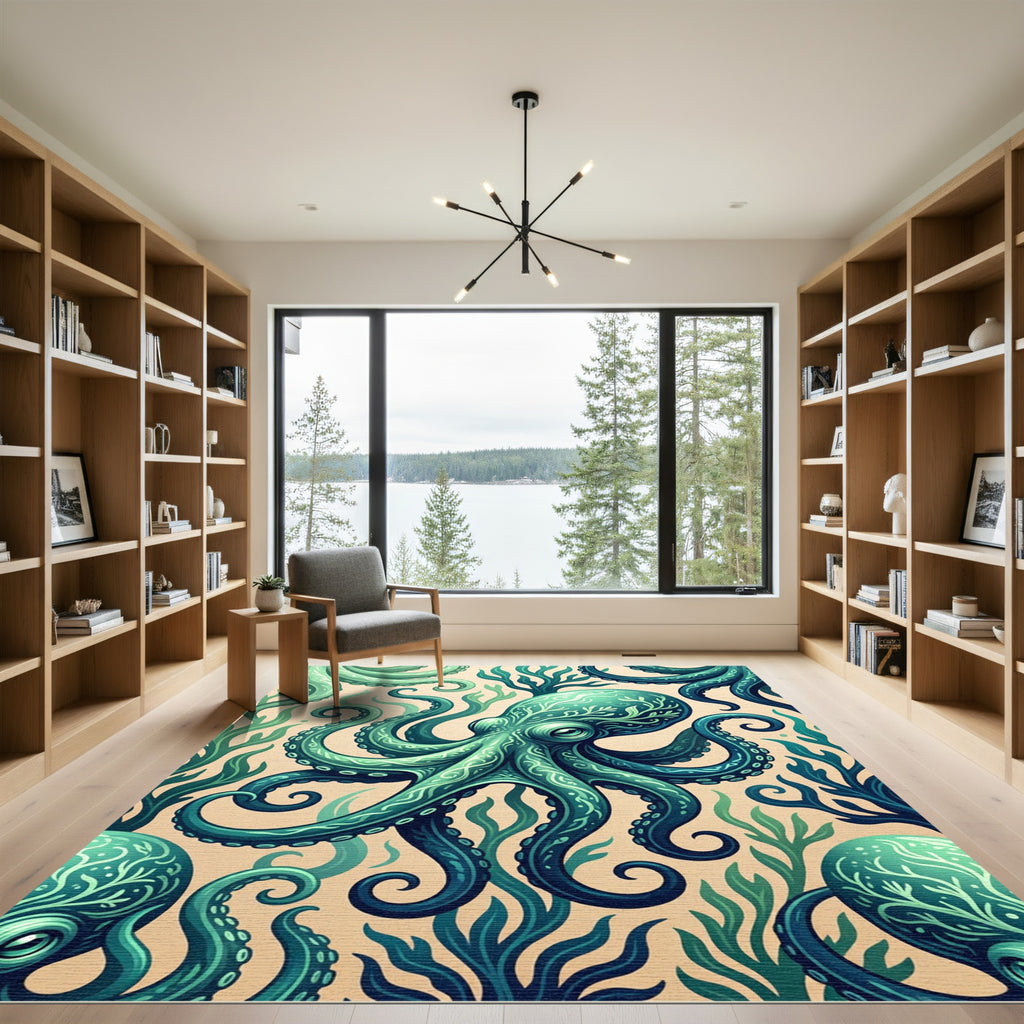 Teal Octopus with Marine Kelp Art Rug