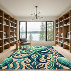 Teal Octopus with Marine Kelp Art Rug