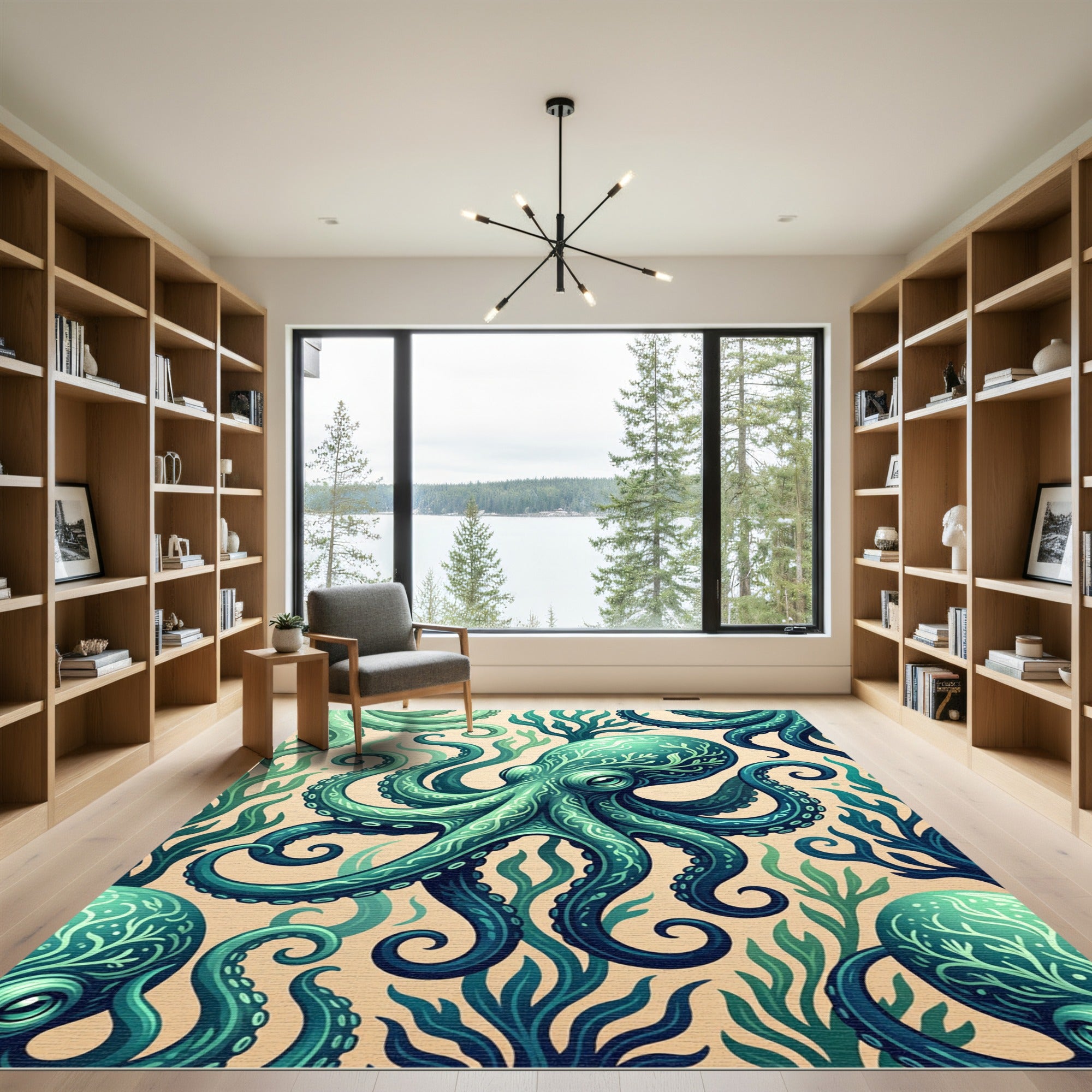 Teal Octopus with Marine Kelp Art Rug