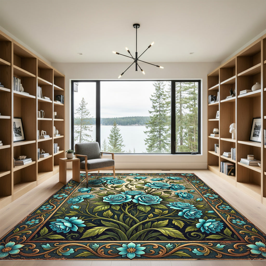 Elegant Teal Rose Botanical Garden Rug