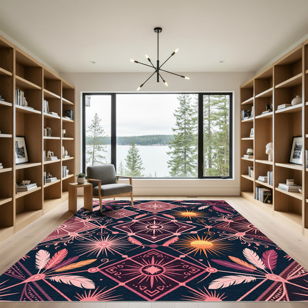 Celestial Sun Feather Geometric Medallion Rug