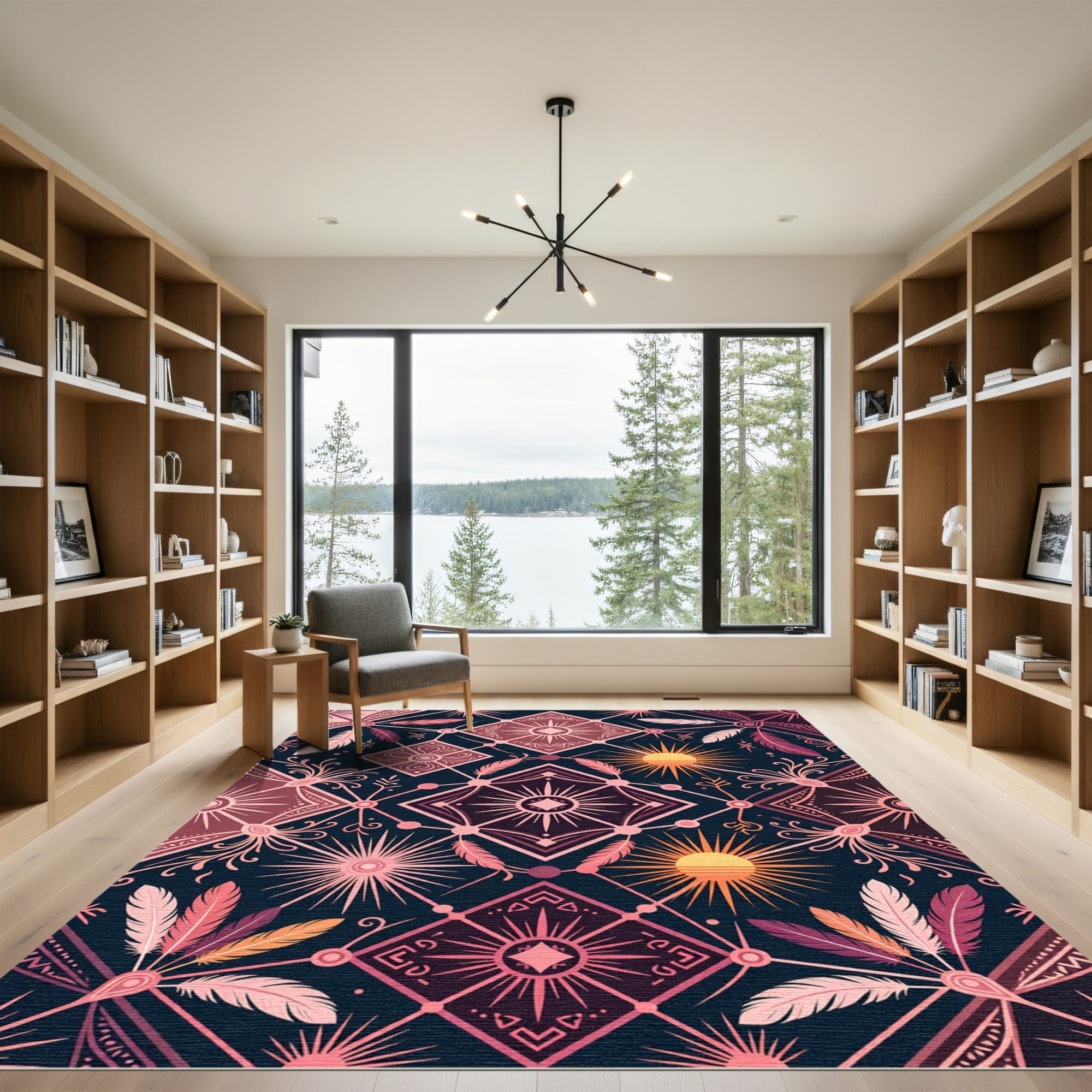 Celestial Sun Feather Geometric Medallion Rug