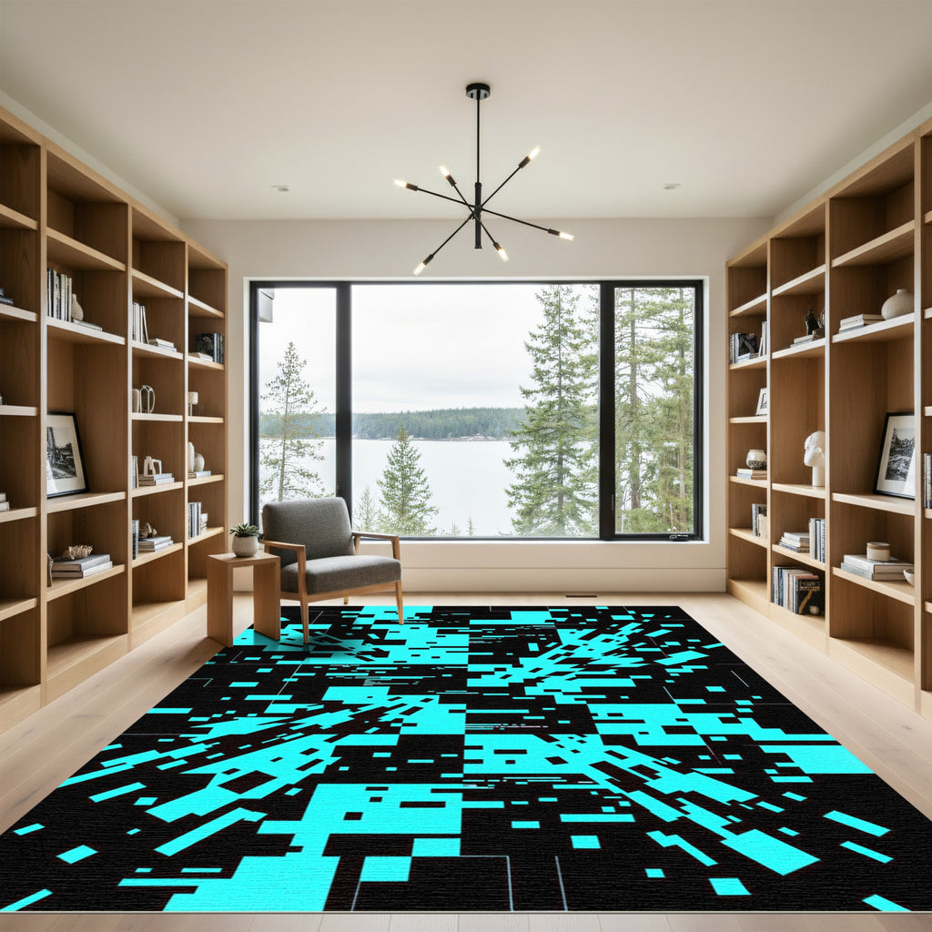 Cyber Neon Blue Digital Glitch Art Rug