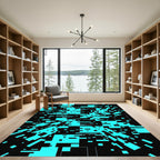Cyber Neon Blue Digital Glitch Art Rug