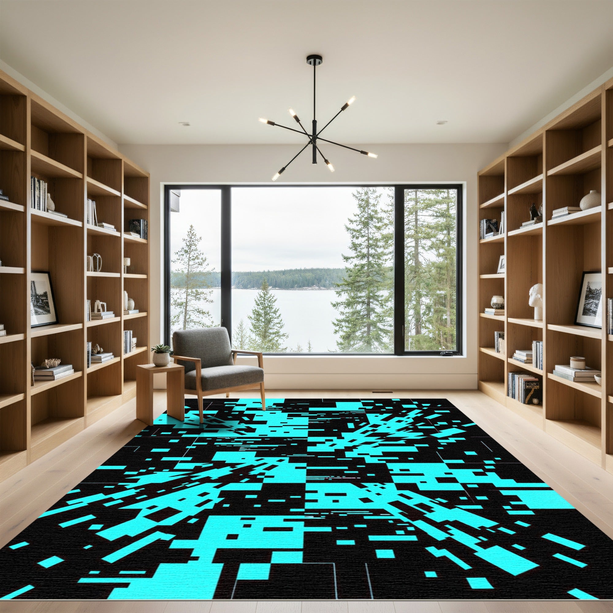 Cyber Neon Blue Digital Glitch Art Rug