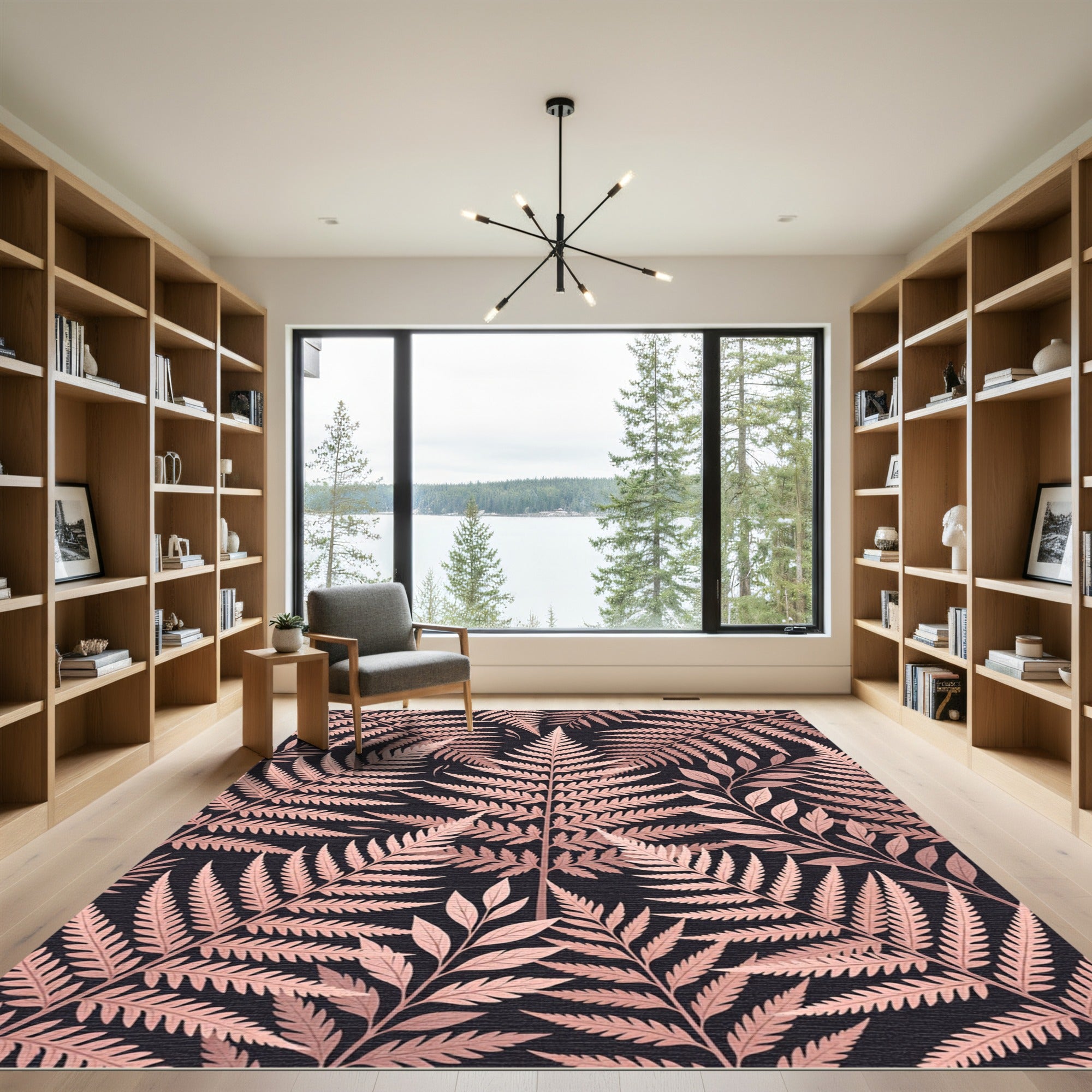 Rose Gold Fern Foliage Pattern Rug
